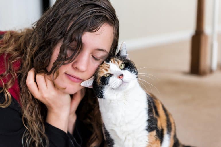 Young woman bonding with calico cat bumping rubbing bunting heads, friends friendship companion pet happy affection bonding face expression, cute kitty